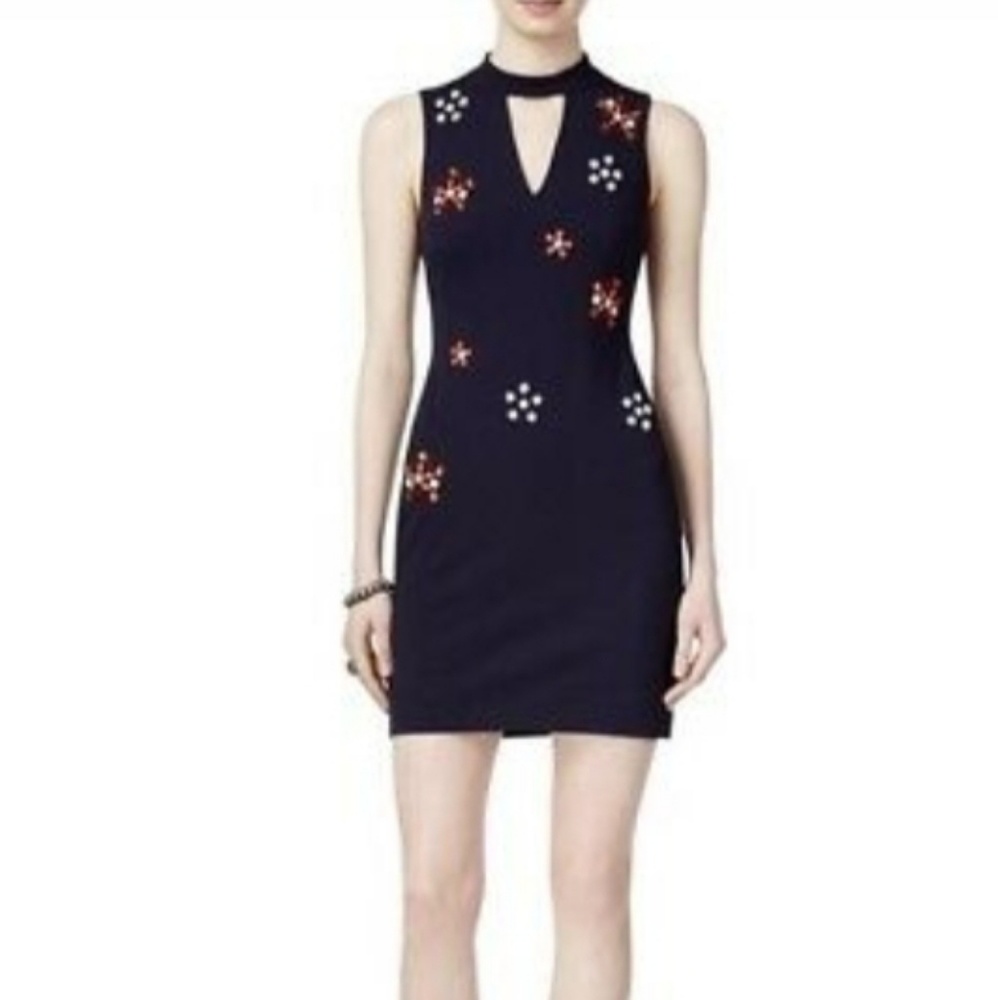 GUESS Womens Navy Beaded Floral Sleeveless Keyhole